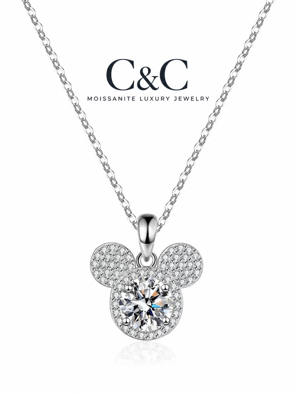 C.C Silver Moissanite Mickey Pendant Necklace - White